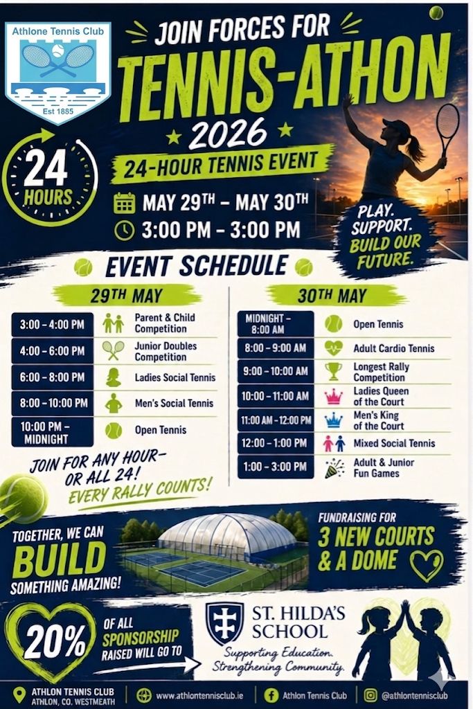 Tennis-Athon 2026 poster — May 29th 3pm to May 30th 3pm